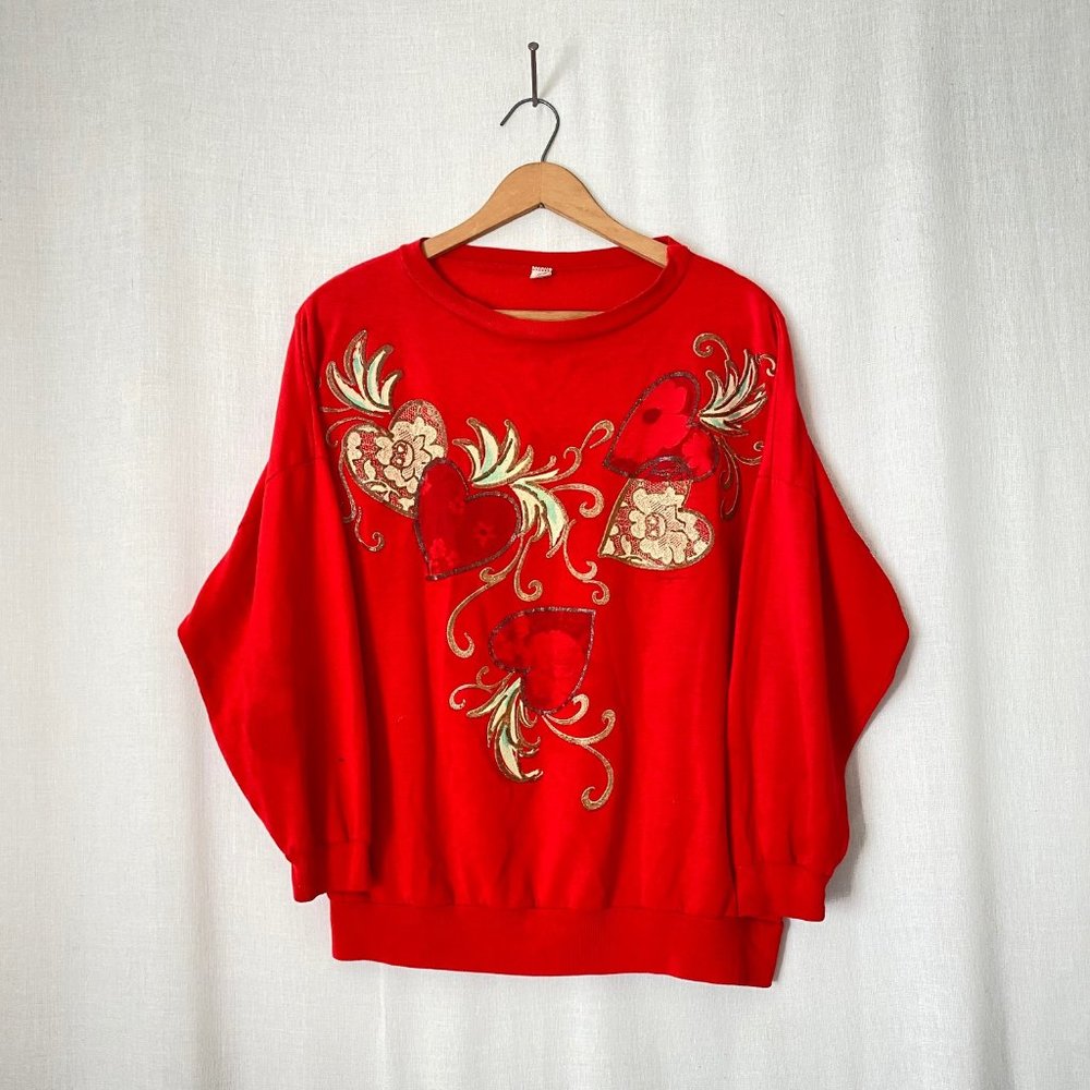 Vintage Valentine's Day Puff Paint Heart Sweater L